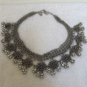 White House Black Market Silver Crystal Fringe Statement Necklace